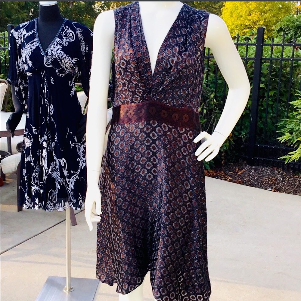 NWOT Navy blue rich chocolate brown silk sleeveless V Neck Midi Dress 10 (8-10)